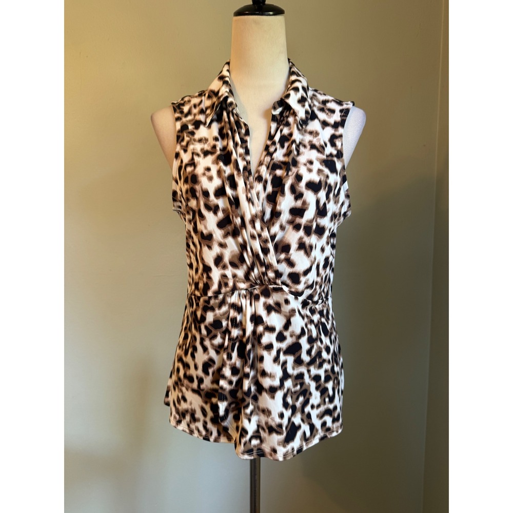 Tahari Leopard Animal Surplice Wrap Sleeveless Blouse Top L NWT y2k boho brown b